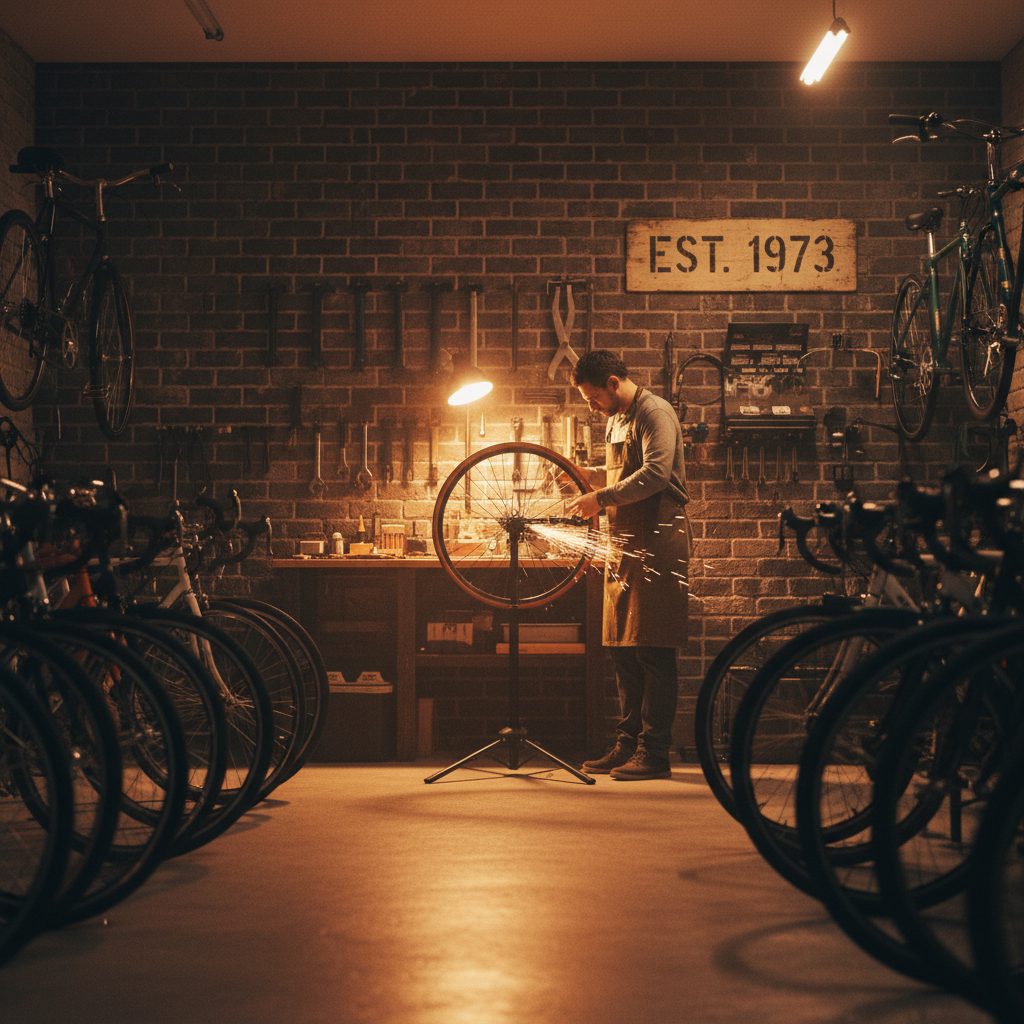 A mechanic truing a wheel on a repair stand in the warm evening glow of the Kingston Cyclery workshop
