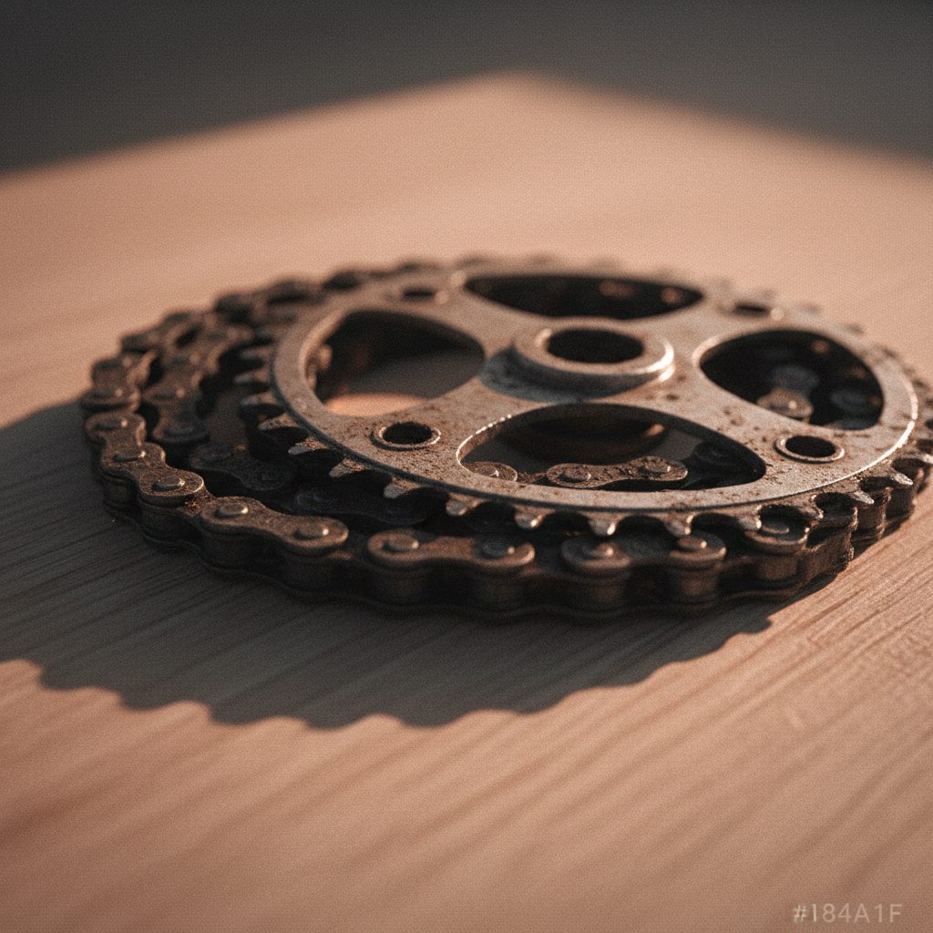 A bicycle chain and chainring on the workbench